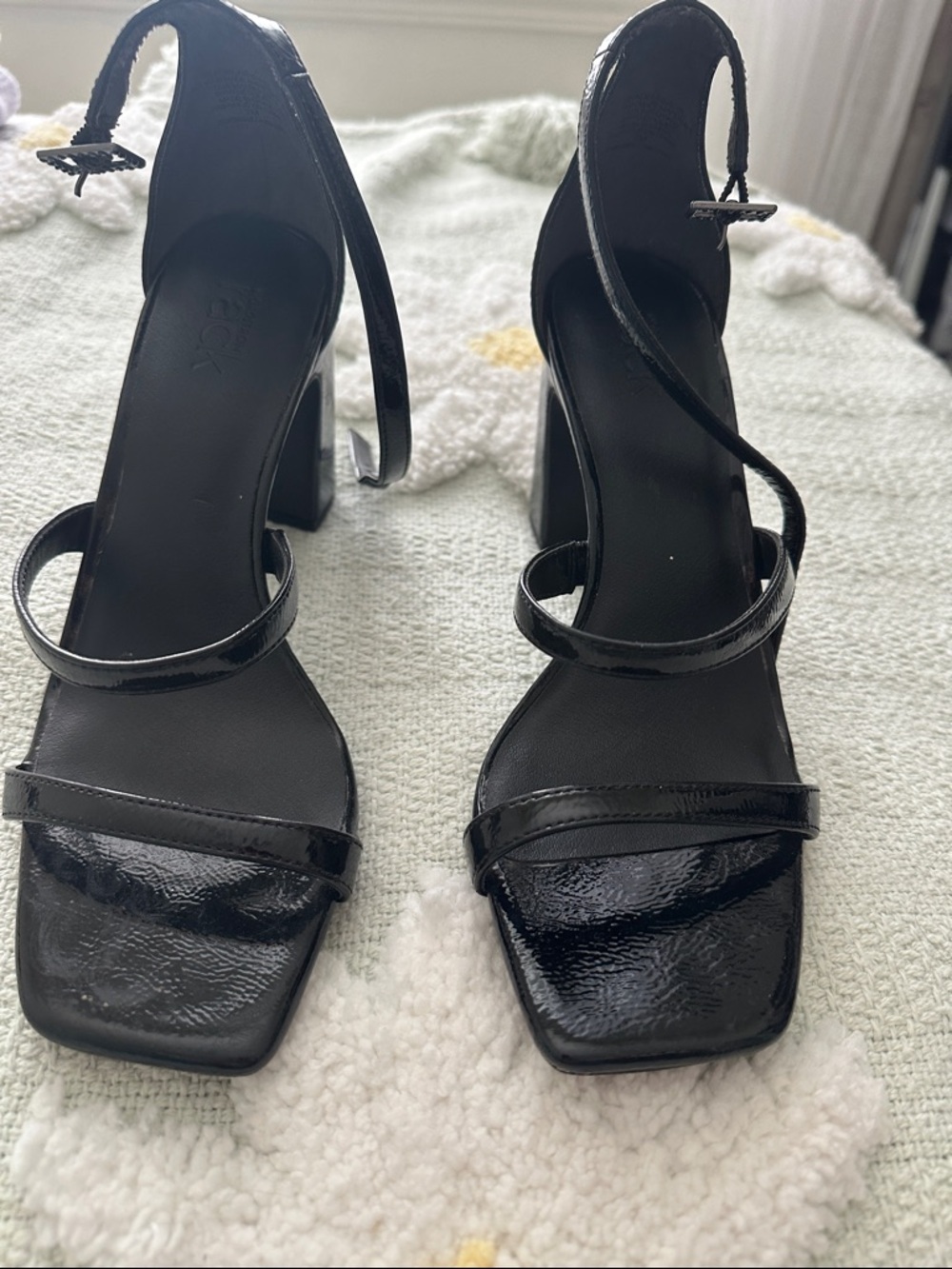 Black Patent Strappy Block Heel Sandals